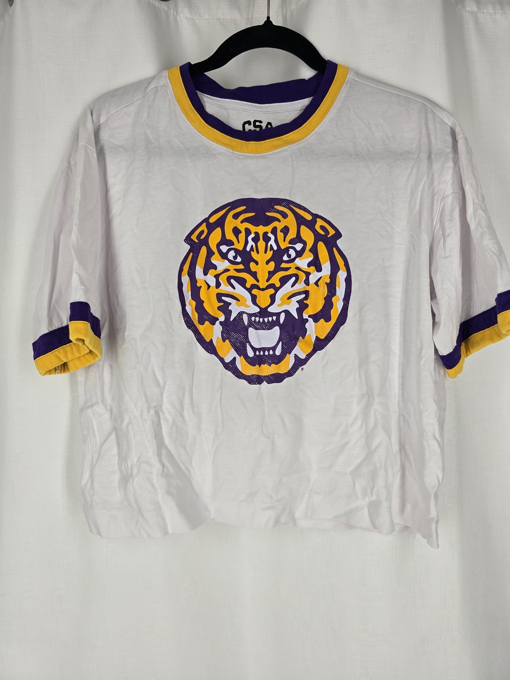 White Short-Sleeve Ringer Tee with Purple & Yellow Tiger Graphic